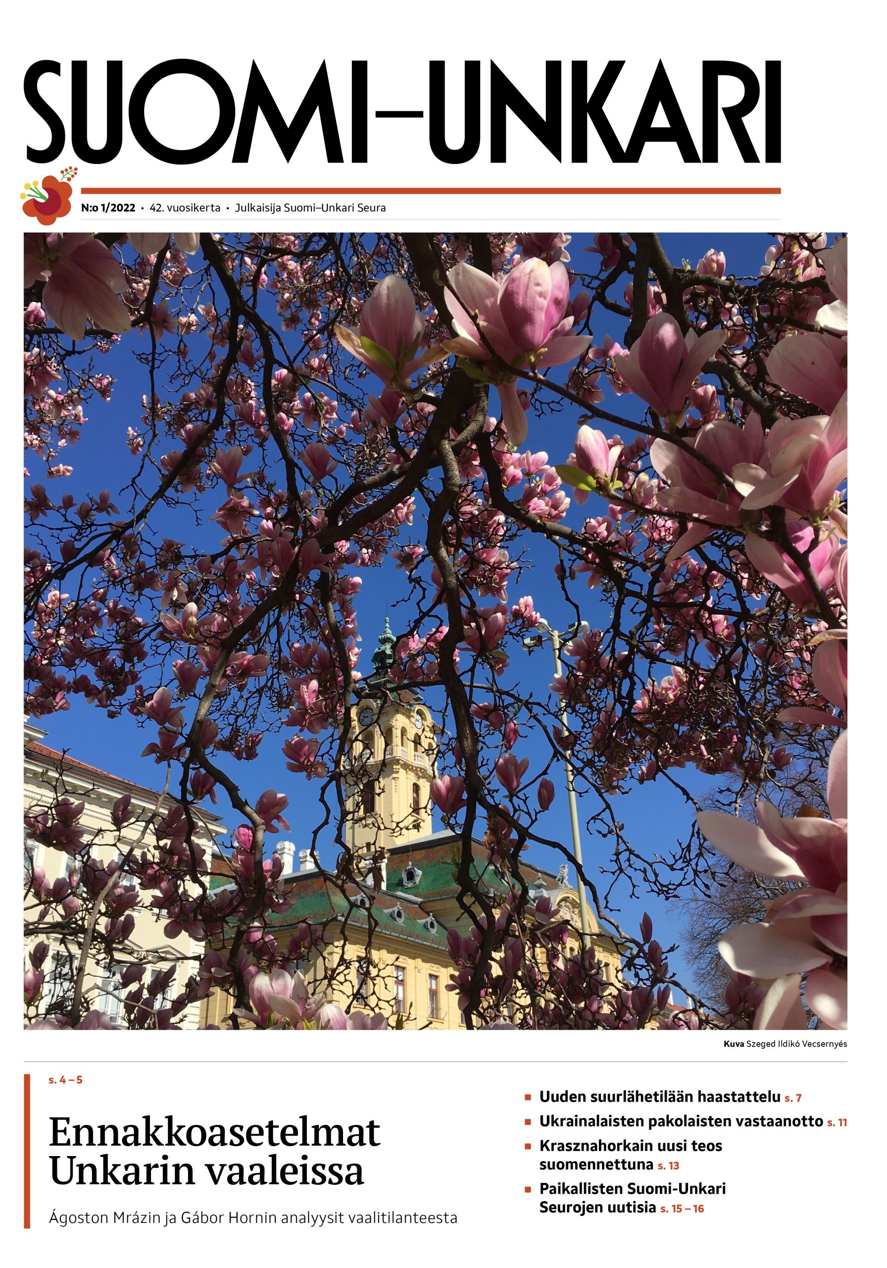 Keväinen kuva Szegedistä, keltainen torni vaaleanpunaisten kirsikkakukkien takana.